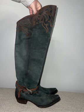 LIBERTY Black Green Suede Knee-High Heeled Boots with Brown Trim